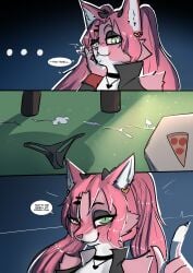 absurd_res anthro bodily_fluids comic container cum cum_on_ground daisy_(katson) english_text female fur genital_fluids gesture green_eyes hair hand_gesture hi_res lizzard_sama panties_on_floor pink_body pink_fur pink_hair pizza_box pointing pointing_up ponytail smell text white_body white_fur