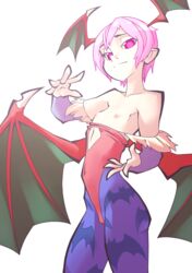 bare_shoulders bat_print bat_wings bridal_gauntlets capcom clothing darkstalkers female flat_chest head_wings leotard lilith_aensland looking_at_viewer nipples pantyhose pink_eyes pink_hair smile solo succubus the_pink_pirate wings