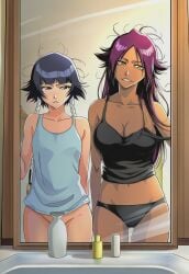 2girls after_sex ai_generated black_hair bleach bottomless bottomless_female convenient_censoring dark-skinned_female dark_skin female female_only implied_sex long_hair maircy midriff mirror panties purple_hair pussy_out shihouin_yoruichi shirt short_hair smile soifon standing sui-feng tank_top