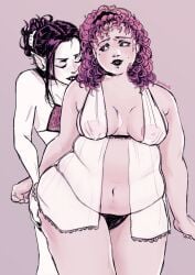 2girls belly belly_overhang belly_rolls black_hair chubby chubby_female chubsette curly_hair ear_piercing earrings fangs fat fat_ass fat_belly fat_female fat_thighs female female_only hanging_belly holding_hips lesbian_couple lingerie nipples nipples_visible_through_clothing painted_nails pale_skin piercing pink purple thick_thighs underwear vampire vampire_girl white_skin yuri