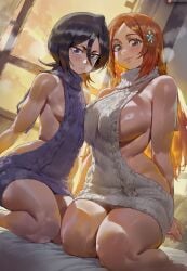 2girls absurd_res ai_assisted ai_generated ass big_breasts bleach blue_eyes blue_hair blush breast_size_difference breasts busty clothed clothing curvaceous curvy curvy_female duo eyebrows eyelashes female female_focus glistening glistening_body hair_accessory hi_res huge_breasts inoue_orihime kneeling_on_bed kuchiki_rukia light-skinned_female light_skin looking_at_viewer mature_female milf motion_lines orange_hair shexyo small_breasts sweat sweatdrop sweater_only sweating sweaty thick_thighs twitter_link voluptuous voluptuous_female wide_hips