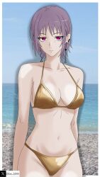 2d beach bikini chainsaw_man death_devil earrings emotionless fami_(chainsaw_man) gold_bikini magenta_hair mole mole_under_eye mole_under_mouth pink_eyes ringed_eyes signature tagme tim_heyderich twitter_username