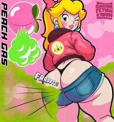 1girls ass ass_focus baconfetish'ntomato big_ass blonde_hair blue_eyes bottom_heavy bow denim denim_shorts ear_piercing earrings english_text eyelashes fart fart_cloud fart_fetish female female_only huge_ass jacket lips lipstick looking_back mario_(series) mario_kart mario_kart_world piercing ponytail princess_peach princess_peach_(touring) short_shorts slightly_chubby slightly_chubby_female solo super_mario_bros. thick_thighs thong wide_hips wink