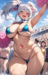 1girls ai_generated ass bikini blush breasts cameltoe cheerleader exhibitionism female gezigezi2 huge_ass huge_breasts looking_at_viewer navel open_mouth plump smile stadium stadium_background sweat sweating thick_thighs thighs