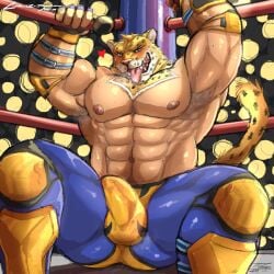 1:1 2024 abs animal_head animal_humanoid armpit armpits balls_outline barazoku blue_bottomwear blue_clothing blue_eyes blue_pants bodily_fluids boner bottomwear bulge cheek_tuft clothed clothing crazydrak detailed_bulge drooling erection erection_under_clothing facial_tuft fighting_ring for_a_head front_view genital_outline head_tuft hi_res humanoid king_(tekken) looking_at_viewer male male_focus male_only markings muscular muscular_humanoid muscular_male musk musk_clouds narrowed_eyes navel nipples open_mouth pants pecs penis_outline red_nipples red_tongue saliva sitting solo solo_male spots spotted_markings spotted_tail sweat sweating tail tail_markings tan_body tan_skin tekken tongue tongue_out topless tuft whiskers