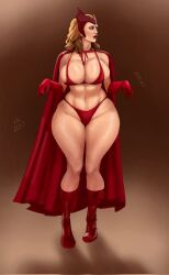 1girls arm_gloves arms_up barely_contained big_breasts bikini bikini_bottom bikini_top blue_eyes boots breasts brown_background brown_hair bursting_breasts cape child_bearing_hips chubby cleavage cleavage_overflow curvaceous curvy deep_cleavage disney elizabeth_olsen female gloves headwear hourglass_figure huge_breasts large_breasts light-skinned_female light_skin lipstick marvel marvel_cinematic_universe marvel_comics mature mature_female milf navel overflowing_breasts red_bikini red_boots red_gloves rusbe_rusbe scarlet_witch sg._zeus shoulder_length_hair sideboob skimpy_clothes skindentation solo standing submissive submissive_female thick_lips thick_thighs tummy venus_body voluptuous wanda_maximoff watermark wide_hips