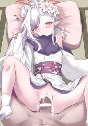 1boy ^^^ amerika_neko bar_censor bare_legs black_scarf blue_archive blush breath censored closed_mouth clothed_female_nude_male clothed_sex clothes_lift commentary demon_girl double_bun erection female film_grain floral_print floral_print_kimono flower foot_out_of_frame grey_hair hair_bun hair_flower hair_ornament halo hand_up hands_up happy_sex head_on_pillow highres indoors japanese_clothes kanzashi kimono kimono_lift long_hair long_sleeves looking_at_viewer lying m_legs male missionary motion_lines mutsuki_(blue_archive) mutsuki_(new_year)_(blue_archive) no_panties no_shoes nude obi official_alternate_costume official_alternate_hairstyle on_back penis pillow pointy_ears pov pov_crotch print_kimono pussy red_eyes red_halo red_sash sash scarf sex sidelocks slit_pupils solo_focus split_mouth spread_legs straight straight-on tabi tatami thighs twitching vaginal_penetration variant_set white_flower white_kimono wide_sleeves young yukata