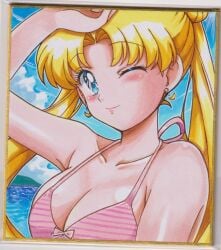 alluring arm_up bishoujo_senshi_sailor_moon blonde_hair blue_eyes bra cleavage collarbone crescent crescent_earrings double_bun earrings female hair_bun highres jewelry long_hair medium_breasts ocean one_eye_closed outdoors pink_bra smile solo twintails underwear usagi_tsukino user_kztc4472 very_long_hair
