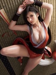 1girls 3d 3d_model arms_above_head big_breasts brown_eyes brown_hair cleavage clothing cosplay female female_focus female_only final_fantasy looking_at_viewer lying lying_on_back mai_shiranui_(cosplay) on_back solo thighs tifa_lockhart
