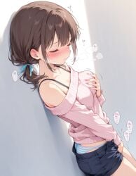 ai_generated brown_hair female female female_only fingering fingering_self hand_on_breast holding_breast masturbation medium_breasts original_character panties pleasure_face pleasured short_hair