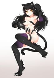 1girls animal_ears black_hair blake_belladonna blush breasts cat_ears catgirl cleavage cosplay darkstalkers felicia_(cosplay) female female_only long_hair looking_at_viewer medium_breasts ndgd ndgd_(bean1215) nude rwby simple_background small_breasts smile solo tail vault69 yellow_eyes