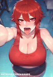 ai_generated aizawa_tomo big_ass big_breasts big_butt big_thighs blush from_above huge_ass huge_breasts huge_butt huge_thighs red_eyes red_hair selfie short_hair sports_bra sportswear tomo-chan_wa_onna_no_ko tongue_out wanuze wide_hips
