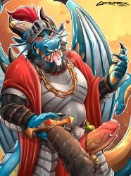 abstract_background absurd_res anthro armor barazoku beard black_beard black_facial_hair black_horn blue_body blush chain_necklace claws clothed clothing crazydrak dildo dragon erection facial_hair finger_claws front_view genitals grin hi_res holding_dildo holding_object holding_sex_toy horn humanoid_genitalia humanoid_penis jewelry looking_at_viewer male membrane_(anatomy) membranous_wings muscular muscular_anthro muscular_male mythological_creature mythological_scalie mythology necklace open_mouth orange_eyes penis portrait scalie sex_toy smile solo standing three-quarter_portrait tongue tongue_out white_frill white_wings wings