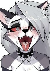 ai_generated anthro ayyaai canine choker cum cum_in_mouth cum_on_face cum_tribute eyelashes face_focus furry furry_only helluva_boss loona_(helluva_boss) open_mouth red_eyes sharp_teeth silver_hair solo_female solo_focus spiked_collar throat tongue tongue_out white_background