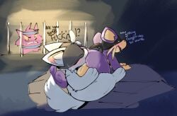 absurd_res anal arm_pull ashfordkingston bodily_fluids dialogue duo feral from_behind_position generation_1_pokemon generation_5_pokemon gengar hi_res male male/male mask minccino nintendo oral pokemon pokemon_(species) prison prison_guard_position rattata rimming saliva sex sweat thief_minccino watching_from_afar