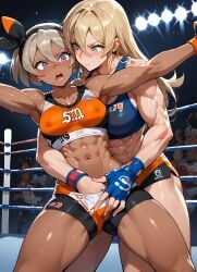 age_difference ai_generated bea_(pokemon) blonde_hair dark-skinned_female fingering groping groping_from_behind interracial masturbation muscular muscular_female nintendo pokemon pokemon_trainer public reach_around wrestling yuri