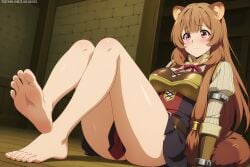 absurdres ai_generated animal_ears armor barefoot feet foot_focus highres incredibly_absurdres leather_armor long_hair long_sleeves looking_at_viewer lost_sakura metadata_request raccoon_ears raccoon_tail raphtalia red_eyes self-upload sitting tail tate_no_yuusha_no_nariagari