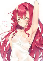 areola_slip areolae arm_up armpits blush breasts cleavage female kurimu_(yatsu) long_hair naked_towel original pointy_chin red_hair simple_background small_breasts solo towel water wet white_background yatsu_(sasuraino)