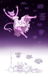 bandage big_breasts cat_ears comic dialogue english english_text espeon eyepatch floating forehead_jewel gammainks hi_res homeless kirlia mandy_(gammainks) nintendo no_humans no_sex pawpads piercing pokemon pokemon_(species) purple_fur shocked_expression tail_piercing vanessa_(gammainks) white_dress