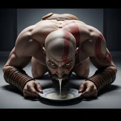ai_generated bald bald_male beard black_beard drink drinking god_of_war greek_mythology kratos male male_only milk muscles muscular muscular_male north_mythology on_all_fours tattoo tattoos white_skin yellow_eyes