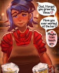 bar blue_hair blush clothed_female clothing comic emily_(stardew_valley) forz_(artist) milf older_female older_female_and_younger_male stardew_valley text vincent_(stardew_valley) violet_eyes