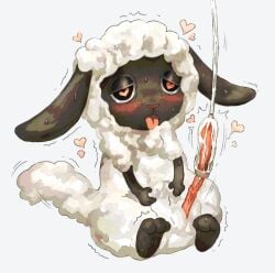 anthro bodily_fluids bovid caprine fur genitals half-closed_eyes heart_eyes heart_symbol long_ears long_penis looking_pleasured male mammal narrowed_eyes orgasm orgasm_face penile penis penis_milking penis_milking_machine pthu sheep solo sweat sweatdrop tail tongue tongue_out wool_(fur)