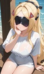 ai ai_art ai_generated blind blindfold blonde_hair blush female long_ponytail pixai ponytail trigger_(zenless_zone_zero) visible_underwear wet_clothes white_clothing zenless_zone_zero