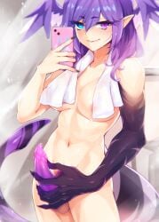 animal_penis asymmetrical_arms balls black_nails blue_eyes breasts cellphone dragon_tail erection female female_pubic_hair fingernails futanari hair_between_eyes hand_on_own_penis head_wings heterochromia highres holding holding_phone intersex large_breasts long_fingernails looking_at_viewer navel nijisanji nijisanji_en penis phone pointy_ears pubic_hair purple_eyes purple_hair ricegnat selen_tatsuki smartphone solo tail testicles towel towel_around_neck uncensored virtual_youtuber wet wings