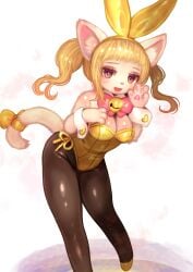 4_fingers absurd_res accessory anthro bell bell_collar blonde_hair bow_ribbon bow_tie breasts brown_eyes bunny_costume cat_tail clothing collar costume cuff_(restraint) domestic_cat fake_ears fake_rabbit_ears felid feline felis female fingers furgonomics glistening glistening_clothing hair heart_eyes heart_symbol hi_res legwear leotard looking_at_viewer mammal medium_breasts open_mouth pantyhose pawpads pink_nose pupils restraints ribbons simple_background slit_pupils smile solo tail tail_accessory tail_bow tail_ribbon tetetor-oort twintails_(hairstyle) white_background wrist_cuffs yellow_clothing yellow_leotard