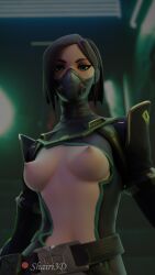 1female 3d belt big_breasts black_hair breast_cutout breasts_out curvy curvy_figure female_focus female_only game_character green_eyes looking_at_viewer looking_down mask perky_breasts shairi3d small_waist teasing valorant viper_(valorant)
