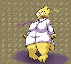 alphys alternate_version_available anthro big_ass big_breasts big_thighs chubby chubby_female clovedex_(artist) female glasses laboratory_equipment nerd nerdy_female nervous partially_clothed partially_clothed_female pussy standing thick_thighs thighs undertale yellow_body