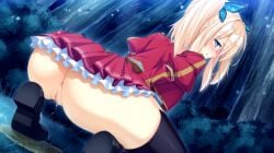 1girl ass black_legwear blonde blonde_female blonde_hair blonde_hair_female blue_eyes blush bug butt butterfly butterfly_hair_ornament censored female female_only forest insect mosaic_censoring nature no_panties outdoors pussy skirt solo solo_female squatting teenage_girl teenager thighhighs tree vagina young young_female
