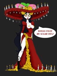 1girls black_hair breasts breasts_out burning_candles candles dia_de_los_muertos female flower flowers hair_flower high_heels la_muerte long_hair makeup orange_eyes red_dress red_lips red_lipstick skin skull sombrero tagme the_book_of_life very_long_hair white_candles yellow_areola yellow_nipples