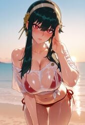 1girls ai_generated balecxi bangs bare_shoulders beach bikini bikini_under_clothes black_hair blush breasts bright_pupils clavicle cleavage closed_mouth clothing collarbone curvaceous curvaceous_female curvaceous_figure curvy curvy_figure earrings evening female female_focus female_only flower gold_earrings gold_hairband gradient_sky hair_ornament hairband halterneck hand_up heart-shaped_pupils inviting inviting_to_sex jewelry large_breasts leaning_forward lips long_hair looking_at_viewer navel no_pants ocean off-shoulder_shirt off_shoulder outdoors presenting presenting_ass presenting_breasts presenting_hindquarters presenting_self red_bikini red_eyes salute sand seductive seductive_look seductive_smile see-through see-through_shirt shirt shore short_hair_with_long_locks short_sleeves side-tie_bikini_bottom sidelocks sky solo spy_x_family stomach sun sunset swimsuit symbol-shaped_pupils t-shirt thigh_gap thighs tied_shirt voluptuous voluptuous_female water wet wet_clothes wet_shirt white_hairband white_shirt yor_briar yor_forger