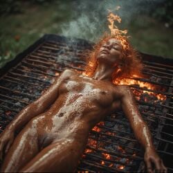 1girls ai_generated barbecue breasts burning closed_eyes coal cooked cooked_person dead dolcett female fire flames gynophagia hairless_pussy implied_cannibalism lying lying_down lying_on_back nipples nude nude_female oiled oiled_body oiled_skin pussy realistic red_hair redhead_female shaved_pussy tagme vagina