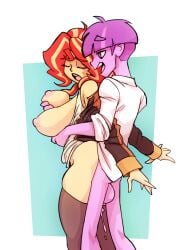 bigdad closed_eyes leggings moaning moaning_in_pleasure my_little_pony open_mouth seductive_look standing sunset_shimmer tit_grab tits_out tongue_out