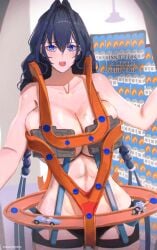 1girls abs big_breasts blue_eyes blue_hair braided_hair breasts censored cleavage convenient_censoring dialogue erasorpepero hololive hololive_english hot_wheels looking_at_viewer naked nude ouro_kronii solo sweat text toy toy_car virtual_youtuber