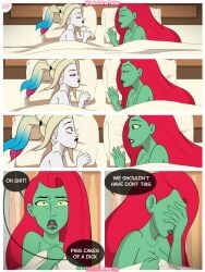 2girls bed bedroom blonde_female blonde_hair blue_eyes canon_couple dyed_hair english_text female female/female female_only green_body green_eyes green_skin harley_quinn harley_quinn_(series) in_bed morning_after multiple_girls poison_ivy red_hair red_hair_female seniorg sleeping sleeping_together speech_bubble text twintails waking_up yuri