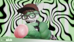 abstract_background absurd_res anthro balls big_balls big_penis black_clothing black_shirt black_topwear blender_(artwork) blender_eevee brown_hair clothing digital_media_(artwork) fangs fingerless_gloves footwear gaia genitals glans gloves green_body hair handwear hat headgear headwear heterochromia hi_res huge_balls huge_cock hyper hyper_balls hyper_genitalia hyper_penis leather leather_clothing leather_gloves leather_handwear looking_at_viewer lying_on_penis male one_fang onyxsplash penis pinup pose shirt shoes smug smug_face smug_grin sneakers solo teeth topwear vein veiny_penis vincent_(onyxsplash) wallpaper