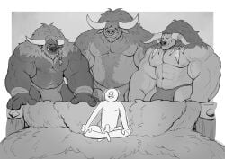 abs anthro barazoku big_dom_small_sub big_muscles big_pecs blizzard_entertainment bottomwear bovid bovine broken_horn bulge clothing dominant erection erection_under_clothing facial_piercing group hi_res horn human human_on_anthro imminent_sex interspecies larger_anthro larger_male loincloth male male/male mammal meme monochrome mostly_nude muscular muscular_anthro muscular_male navel nipples nose_piercing nose_ring pecs piercing piper_perri_surrounded ring_piercing size_difference smaller_human smaller_male tauren tribal warcraft zne43