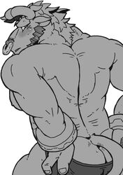 alistar ass blush bovine cattle clothing league_of_legends male male_only mammal monochrome mooning muscular pecs pton simple_background solo teasing underwear undressing white_background