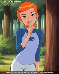 ai_generated comic exhibitionism forest green_eyes gwen_tennyson red_hair shushing solo voyeur waifusworks