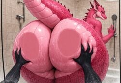 1girls ai_generated ass darkeffect dragon furry horns larger_female looking_at_viewer looking_back nude pink_body presenting presenting_hindquarters rear_view shower tail thick_thighs wide_hips