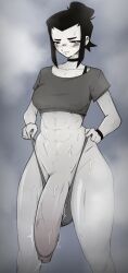 1futa 2boys big_cock blush bottomless bra_strap breasts clothed clothing exhale flaccid futanari huge_cock human intersex leaking_precum looking_down male medium_breasts partially_clothed penis short_hair solo steam sweaty thick_thighs thong thong_pull throbbing_penis tied_hair toned toned_futa tsuraiudon yoruu_(bamnoodled)