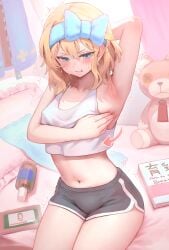 1girls :t absurdres armpits bare_arms bed black_shorts blonde_hair blue_eyes blue_jacket blush book bottle bow bridget closed_mouth collarbone dolphin_shorts female guilty_gear hair_between_eyes hairbow hakusyokuto highres jacket navel pillow shirt short_shorts shorts sitting stuffed_animal stuffed_toy teddy_bear thighs trans_woman trembling unworn_jacket v-shaped_eyebrows white_shirt