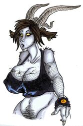 anthro big_breasts bottomless breasts brown_hair caprine claws clothed clothing ear_piercing female fenris49 fishnet goat hair horizontal_pupils horn huge_breasts mammal pale_skin piercing pubes pussy satyr solo surprised wide_hips yellow_sclera