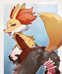 1boy animal_ear_fluff animal_ears anthro anthro_female anthro_only ass bar_censor big_breasts black_fur body_fur border breasts breath censored commentary_request cum cum_overflow delphox female fox fox_ears fox_tail from_behind furry furry_female grabbing_own_breast highres lolobox looking_at_viewer looking_back male multicolored_fur nintendo oerba_yun_fang open_mouth outside_border penetration penis pokemon pokemon_(species) pussy_juice red_eyes saliva sex snout solo_focus steaming_body straight sweat tail tongue tongue_out vaginal vaginal_only yellow_fur