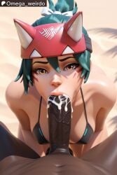 1girl1boy ai_generated beach big_penis bikini black_penis black_skinned_male blacked blowjob cum cum_in_mouth cum_inside docking facial_markings female green_hair hair_between_eyes headband kiriko_(overwatch) kiriko_kamori kneeling kneeling_female kneeling_oral_position looking_at_viewer looking_up male medium_breasts orange_eyes overwatch overwatch_2 patreon pov pov_blowjob servicing_from_below submissive_female veiny_penis