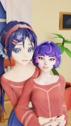 2girls 3d 3d_(artwork) 3d_background 3d_model 3d_render clothed embrace embracing female hugging juno_(overwatch) kazworksnsfw looking_at_viewer miside mita_(miside) mita_(miside)_(cosplay) overwatch overwatch_2 pov pov_eye_contact