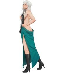 ass_cleavage ayalina_khovalis bare_back blue_eyes blush butt_crack covering_breasts dragon_age female fur_coat heels original_character skirt skirt_pull smile smile_at_viewer solo_female strip_tease tasteful teasing teasing_with_butt white_hair